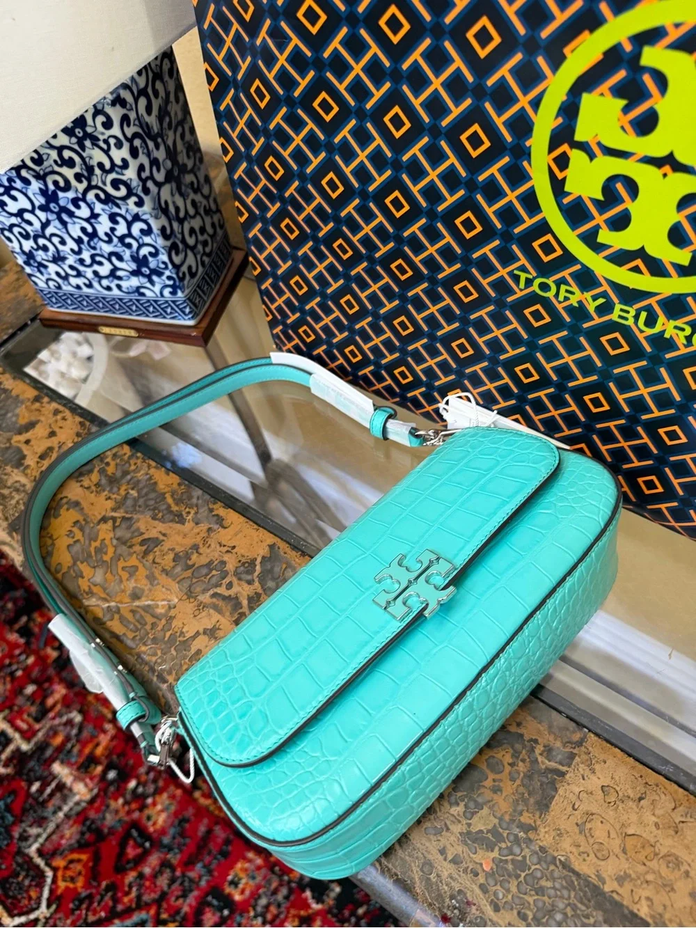 Tory Burch Aqua Croc-Embossed Shoulder Bag